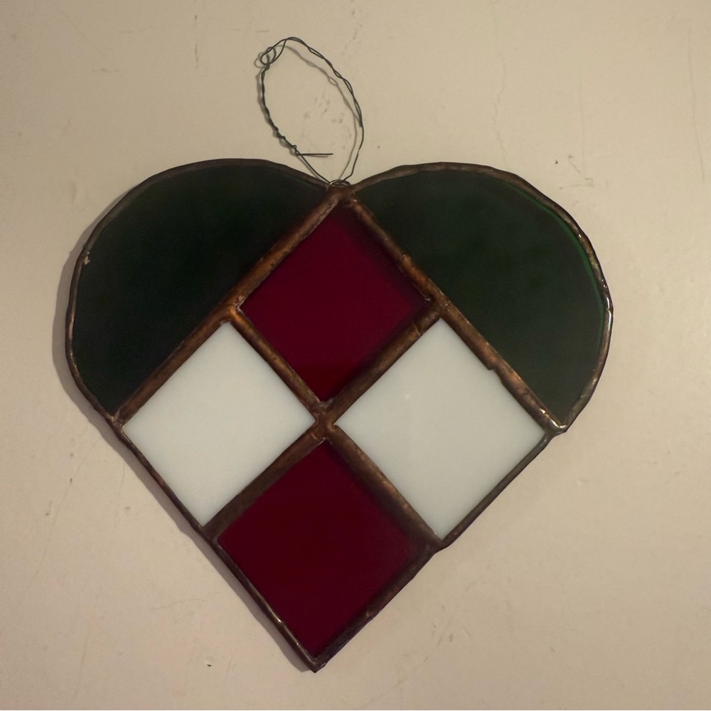 Vintage Stained Glass Suncatcher Heart Green, Red, and White
